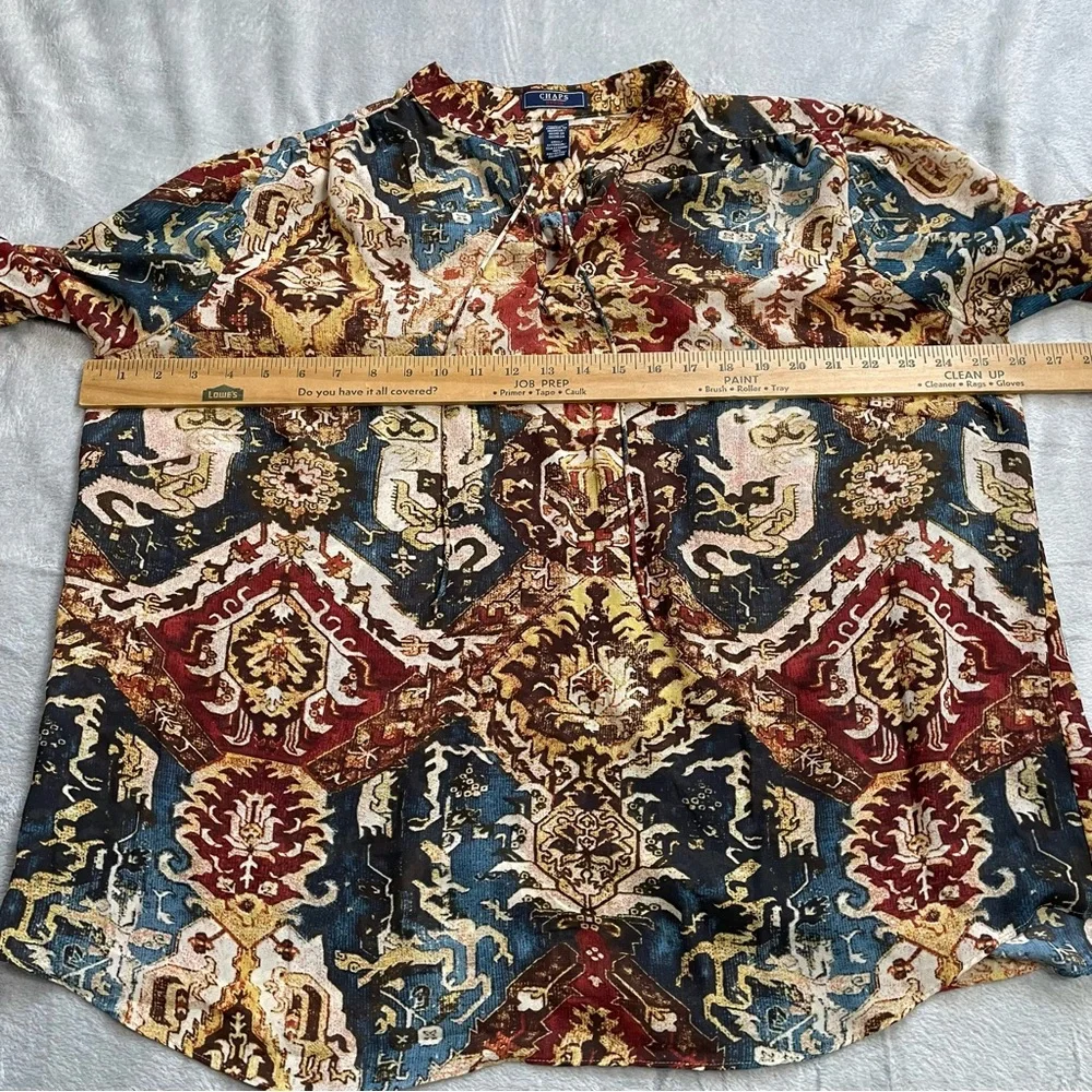 Chaps Blouse 2X Womens Paisley Multi Boho Semi-sheer Tie Neck - Picture 5 of 8
